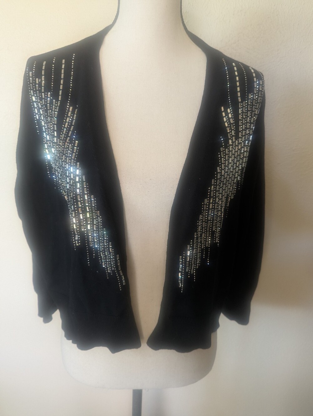 Black Women's Open-Front Sweater with Silver Sequin Accents